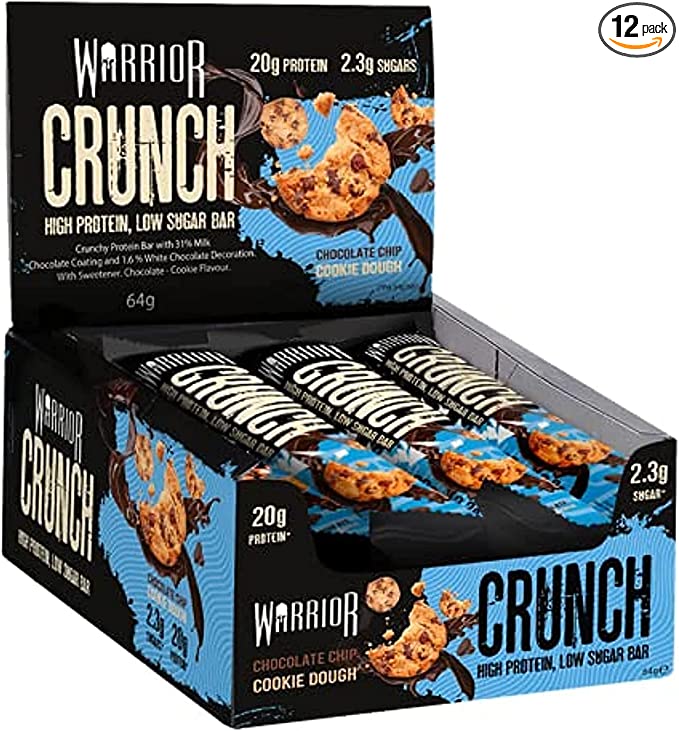 Warrior Crunch Chocolate Chip Cookie Dough High Protein Low Sugar Bar 12 x 64g
